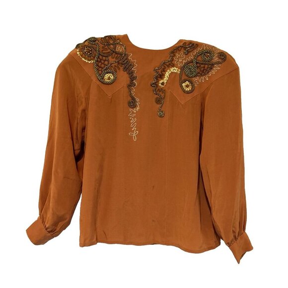 VTG Anne French Womens Silk Blouse 8 Beading‎ Sequins Embellished Shoulder 80s - Picture 1 of 12